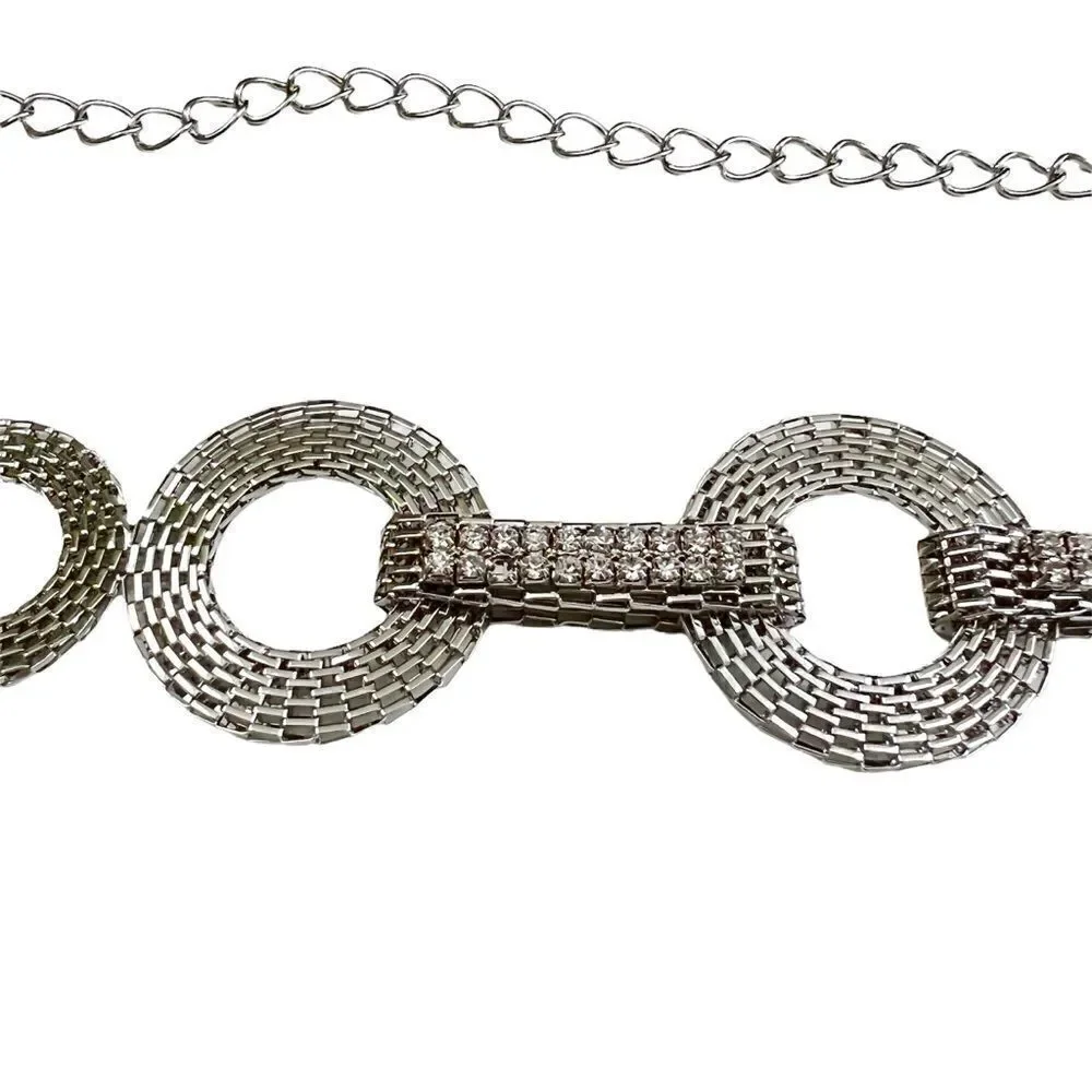Silver Tone Chain Belt with Rhinestones
